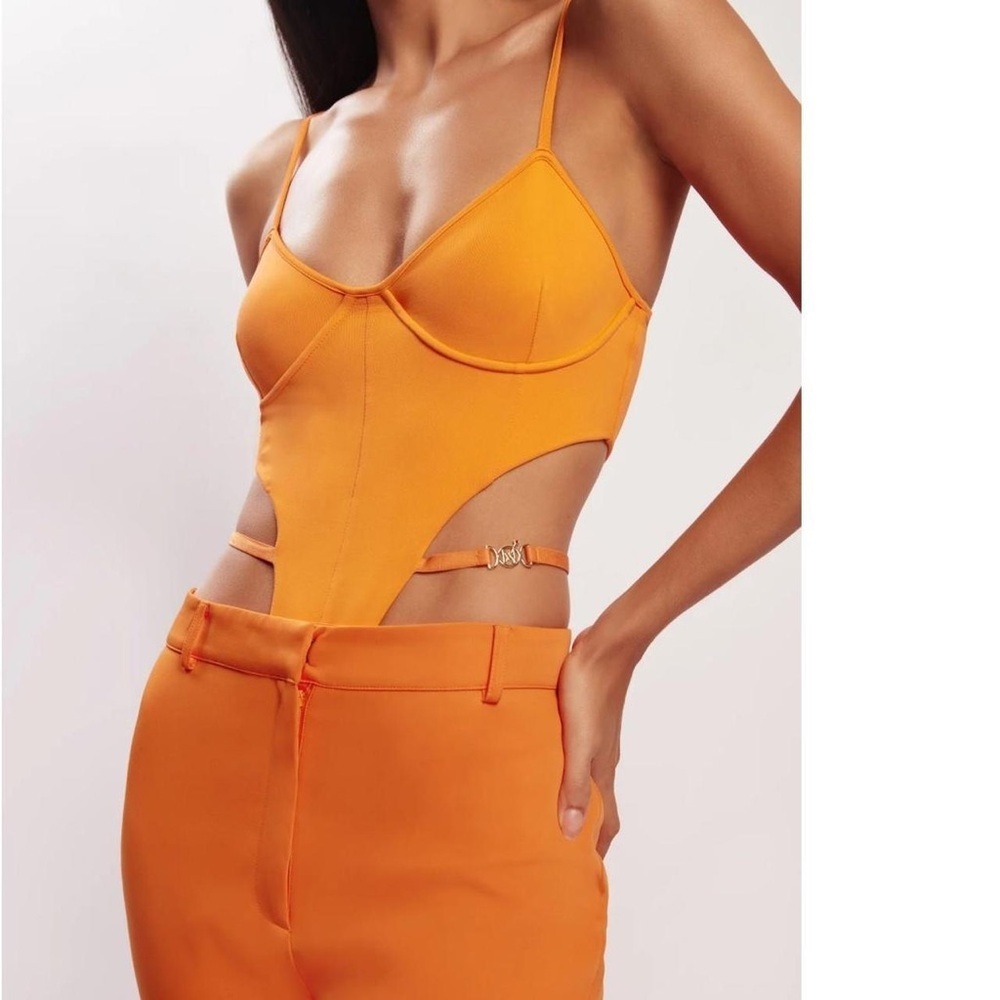 MESHKI Steph Cut Out Bodysuit With Hardware Bodysuit in Tangerine Color Size XL